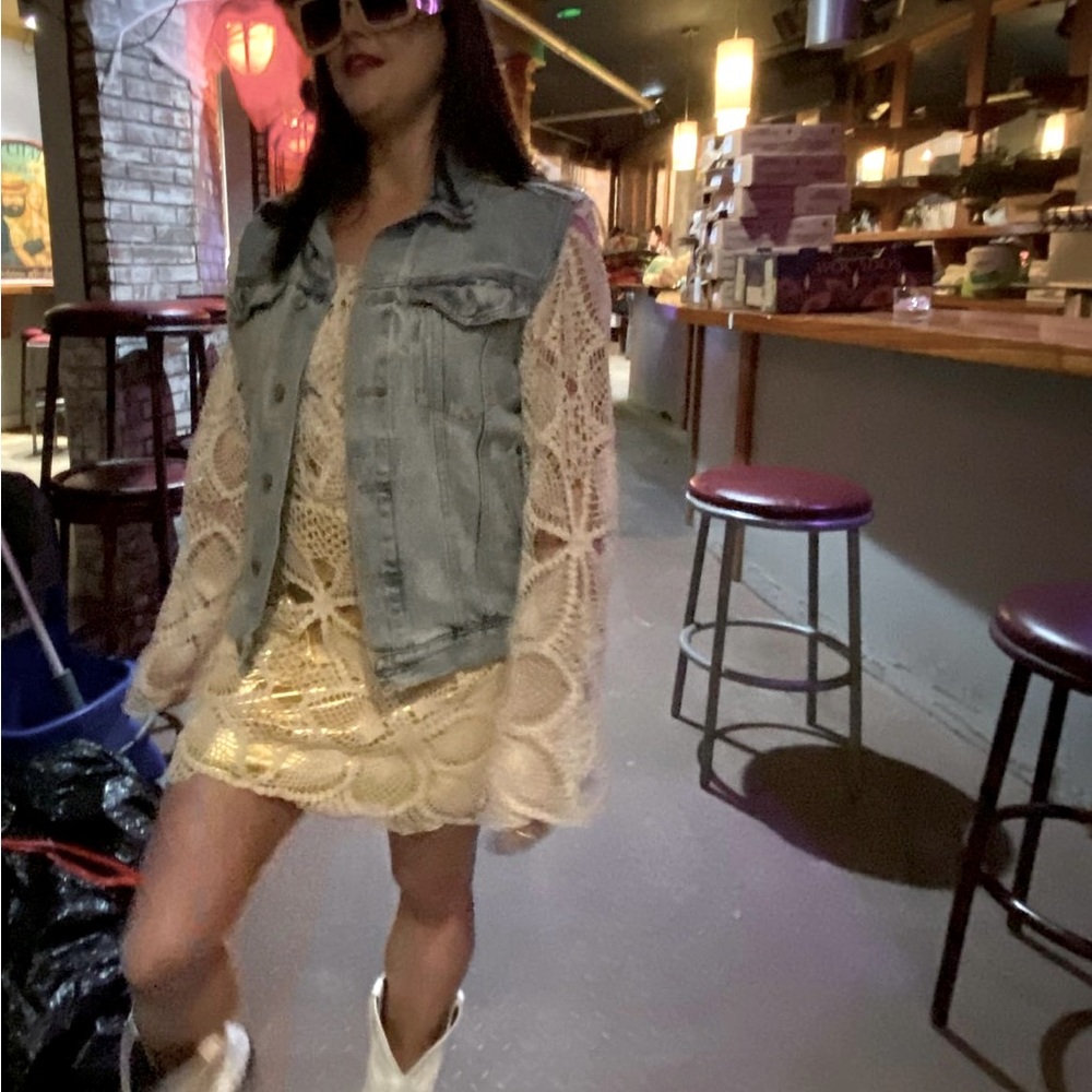 Bowielander original sustainable fashion brand. Upcycled denim jacket/lace dress